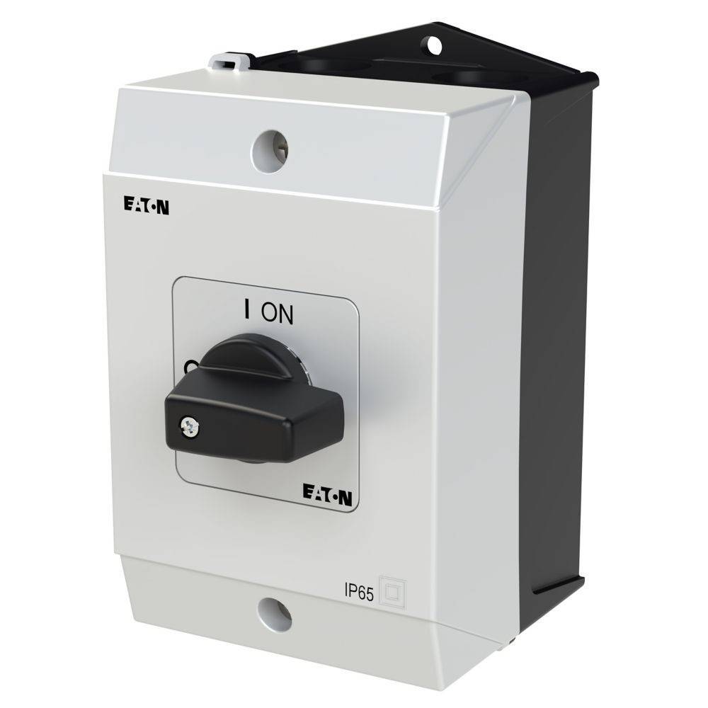 Ein industrieller Schalter mit der Bezeichnung 'Eaton' und einem schwarzen Hebel in der 'EIN'-Position, der auf einem weißen IP65-zertifizierten Gehäuse montiert ist.