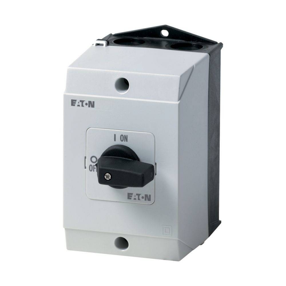 Elektrischer Schaltkasten mit 'Ein'- und 'Aus'-Einstellungen. Der Markenname 'Eaton' erscheint oben links. Der Schalter ist auf 'Ein' gestellt.