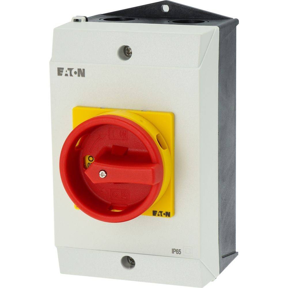 Eine elektrische Schalterdose mit einem roten und gelben Drehschalter, beschriftet mit 