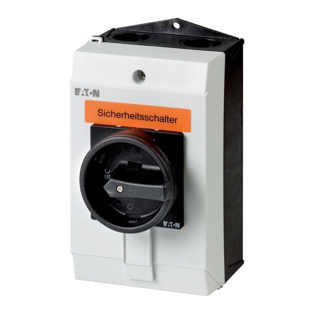 Schaltschrank mit Drehschalter und dem Text 'Sicherheitsschalter' auf orangefarbenem Etikett. Der Schalter hat eine Ein-/Aus-Markierung.