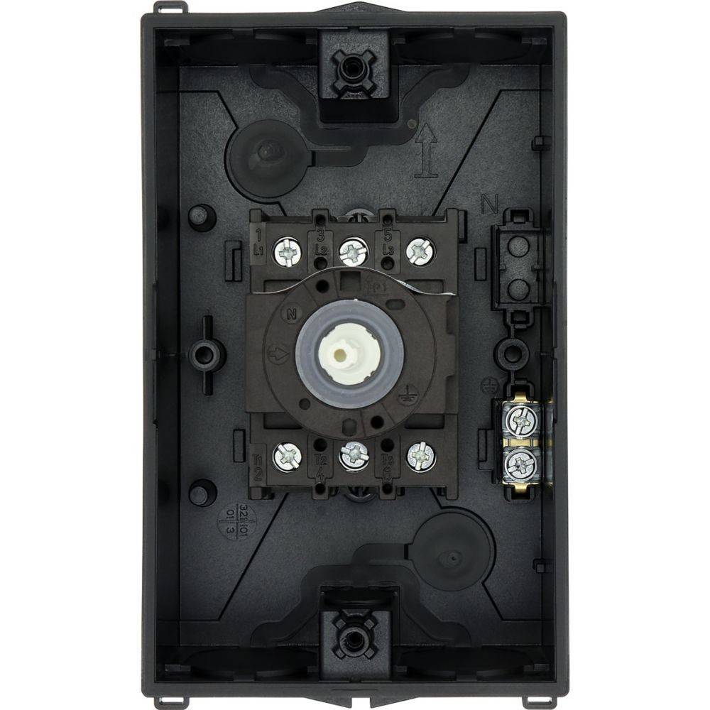 Ein schwarzes, rechteckiges Gehäuse mit einem zentralen kreisförmigen Mechanismus, umgeben von Verdrahtungsanschlüssen, vermutlich Teil einer elektrischen Installationskomponente.