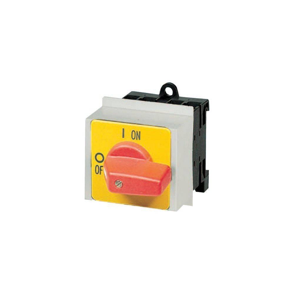 Ein roter Drehschalter mit 'EIN'- und 'AUS'-Positionen auf einer gelben Tafel, der zur Steuerung elektrischer Schaltkreise verwendet wird.
