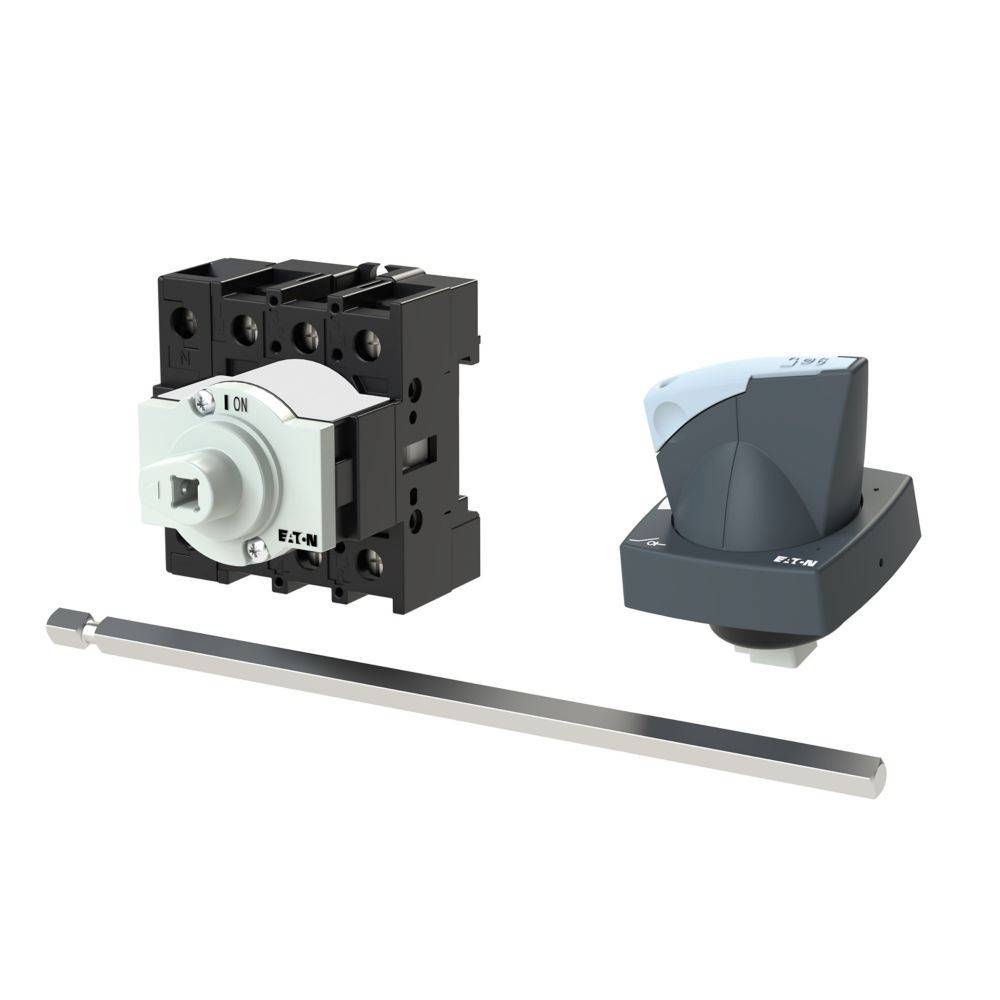 Eaton Drehschalter und Verlängerungsstangen-Set; enthält einen schwarzen Hebel, quadratische Welle und Schalterbasis. Geeignet für elektrische Schaltschränke.
