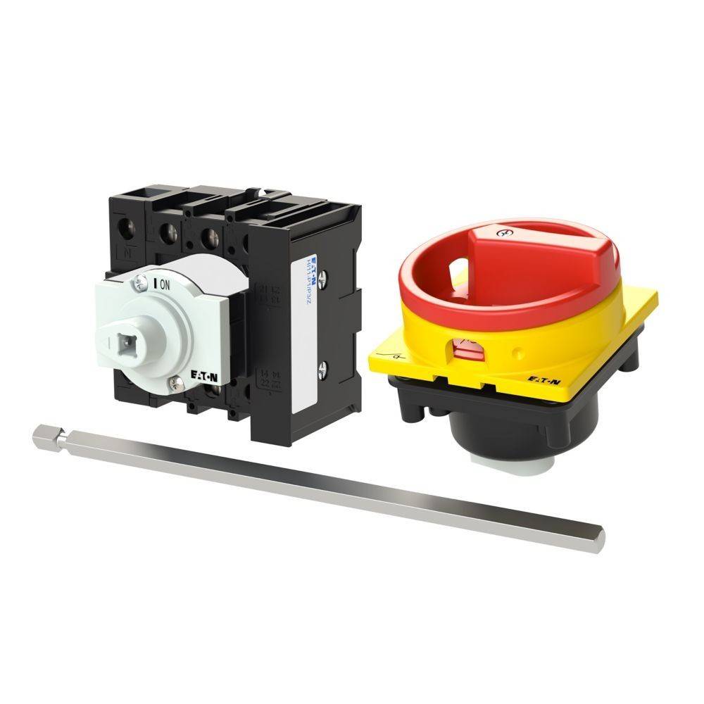 Eine Sicherheitsschaltung für elektrische Steuerungssysteme mit einem schwarzen und weißen Ein-/Aus-Schalter und einem roten und gelben verriegelbaren Trennschalter.