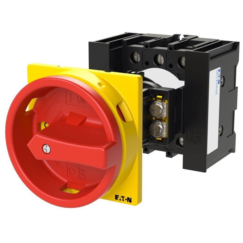 Gelber und roter Eaton-Schalter mit ON- und OFF-Beschriftungen, mit schwarzem Gehäuse und metallischen Komponenten.