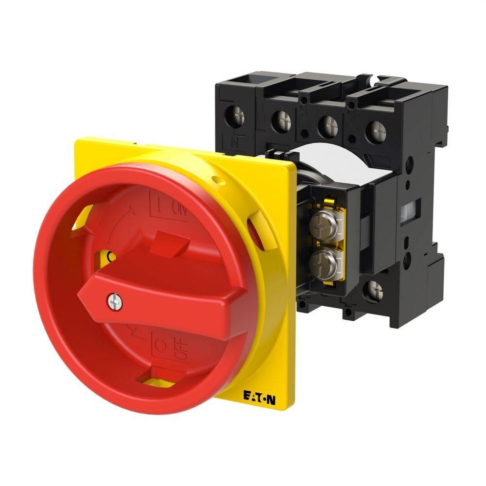 Ein roter und gelber Eaton-Drehschalter, der für den industriellen Einsatz konzipiert ist und die Ausschaltposition zeigt. Der Schalter verfügt über Befestigungskomponenten und elektrische Anschlüsse.