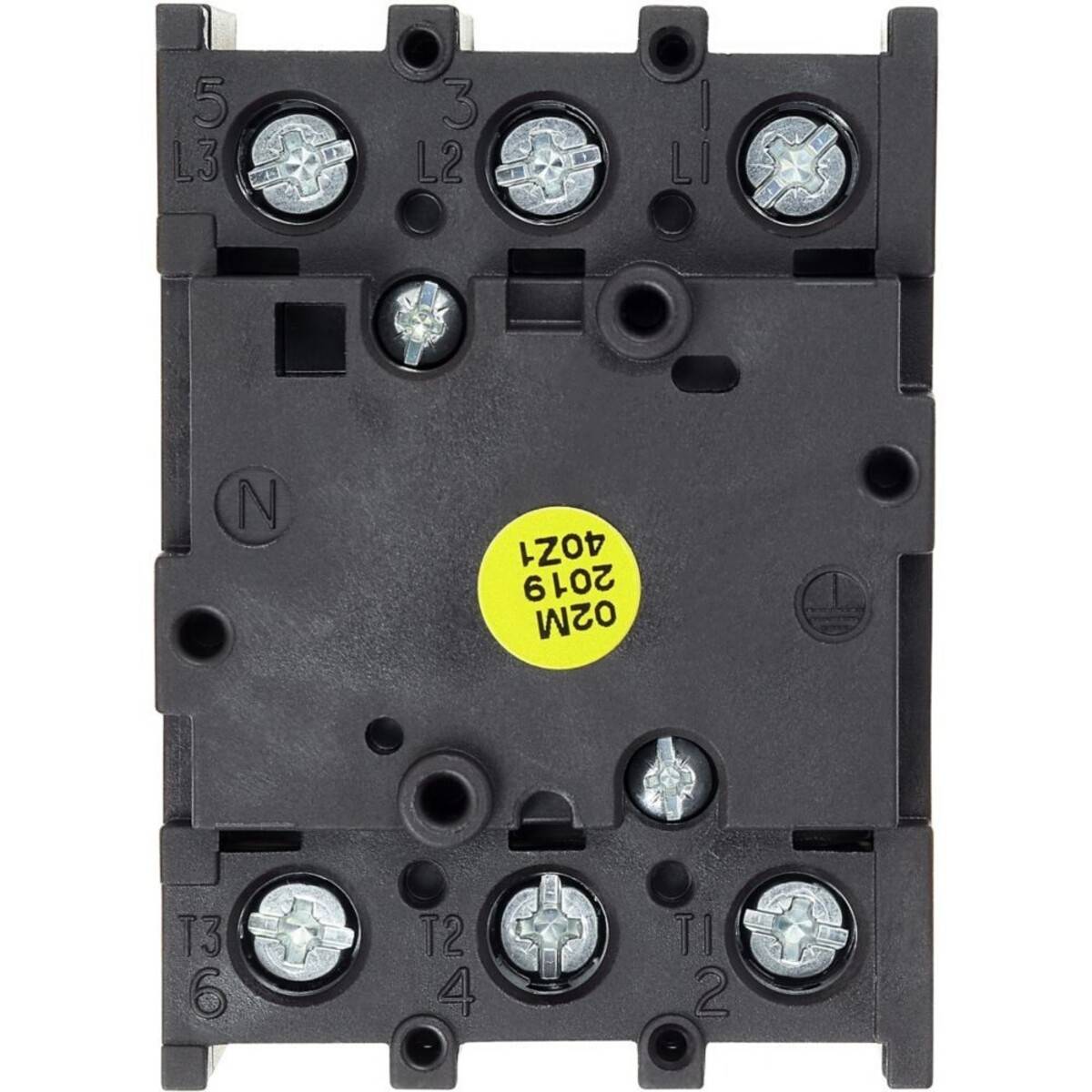 Elektrische Komponente mit beschrifteten Anschlüssen und einem gelben Aufkleber mit der Markierung 02m 2019 4021, ausgestattet mit Schraubanschlüssen und Bedienerplatte.