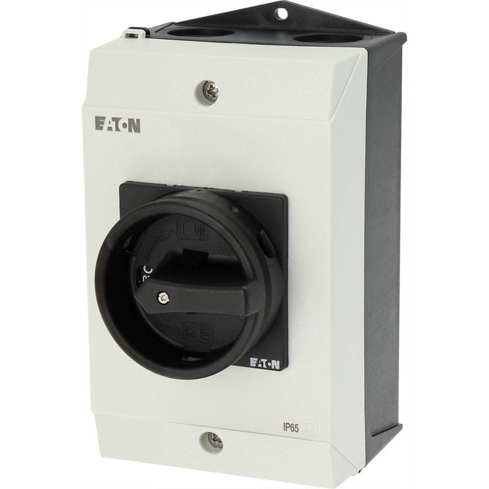 Eaton Elektroschalter, wandmontiert, mit schwarzem Drehgriff, mit IP65-Kennzeichnung für Staub- und Wasserbeständigkeit, vor einem weißen Hintergrund.