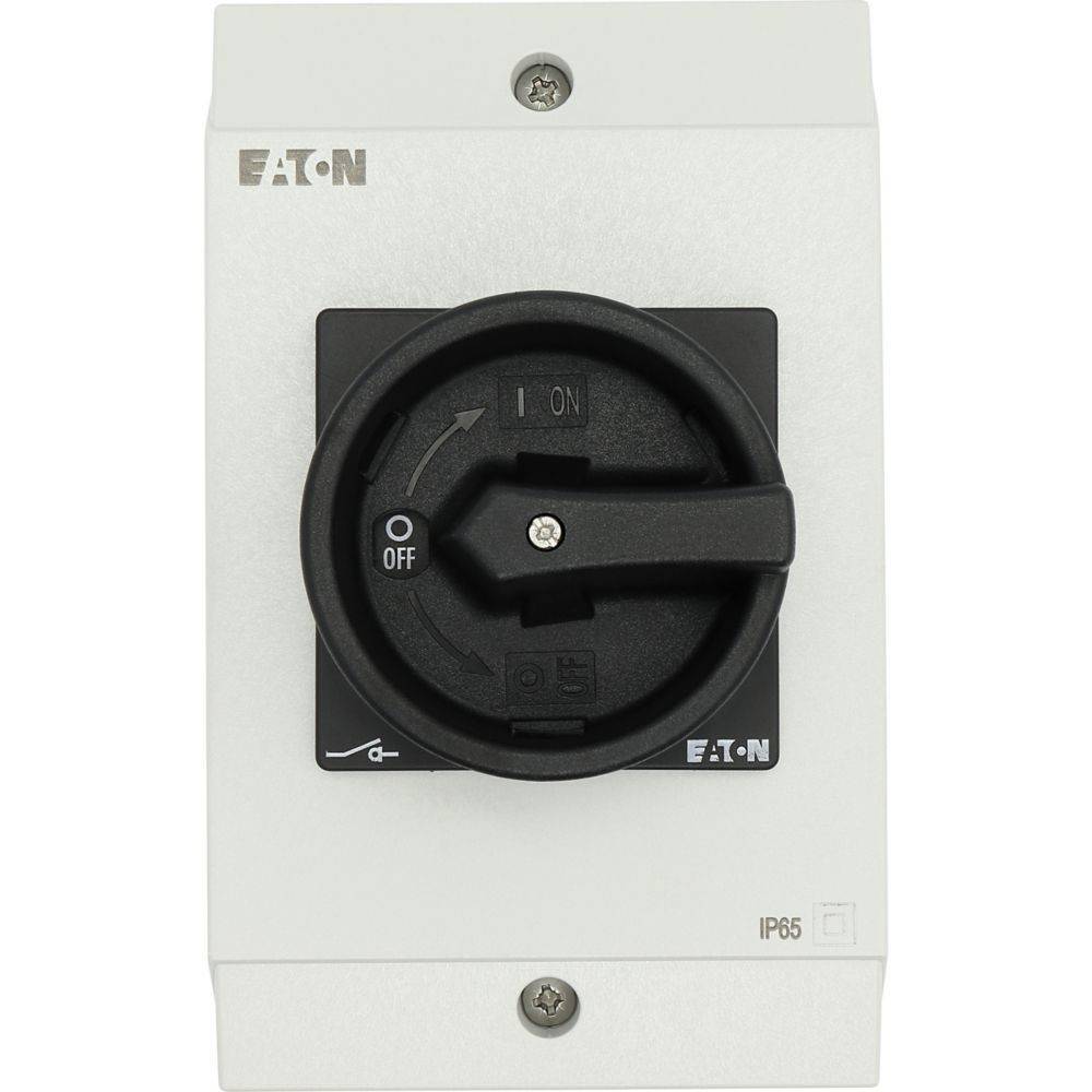 Auf einem weißen Panel mit IP65-Schutzart montierter Eaton-Drehschalter in Ausschaltposition, für industrielle oder gewerbliche Anwendungen konzipiert.