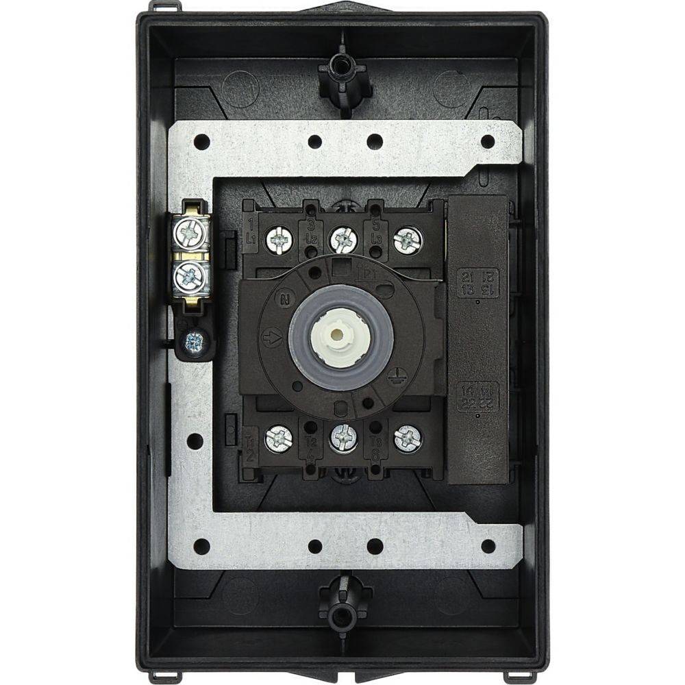 Elektrische Montageeinheit mit Schrauben und Anschlüssen, zentrales Drehrad zur Steuerung von Geräten, eingebaut in einem Gehäuse aus Metall und schwarzem Kunststoff.
