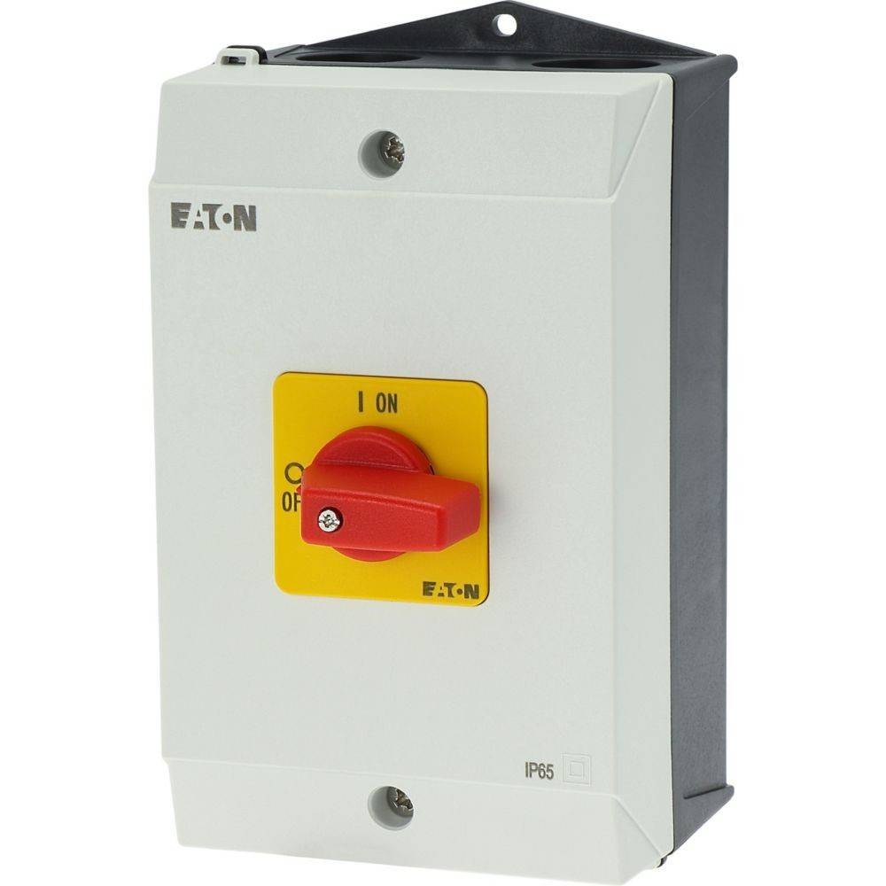 Eine weiße elektrische Schalterdose mit einem roten Drehschalter in der Mitte, oben mit ON und unten mit OFF beschriftet, mit IP65-Kennzeichnung für Schutz.