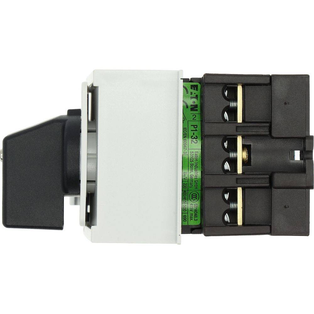 Seitenansicht eines Eaton-Schalters, Modell P1-32, mit schwarzem Griff und grünem Etikett mit sichtbaren technischen Spezifikationen.