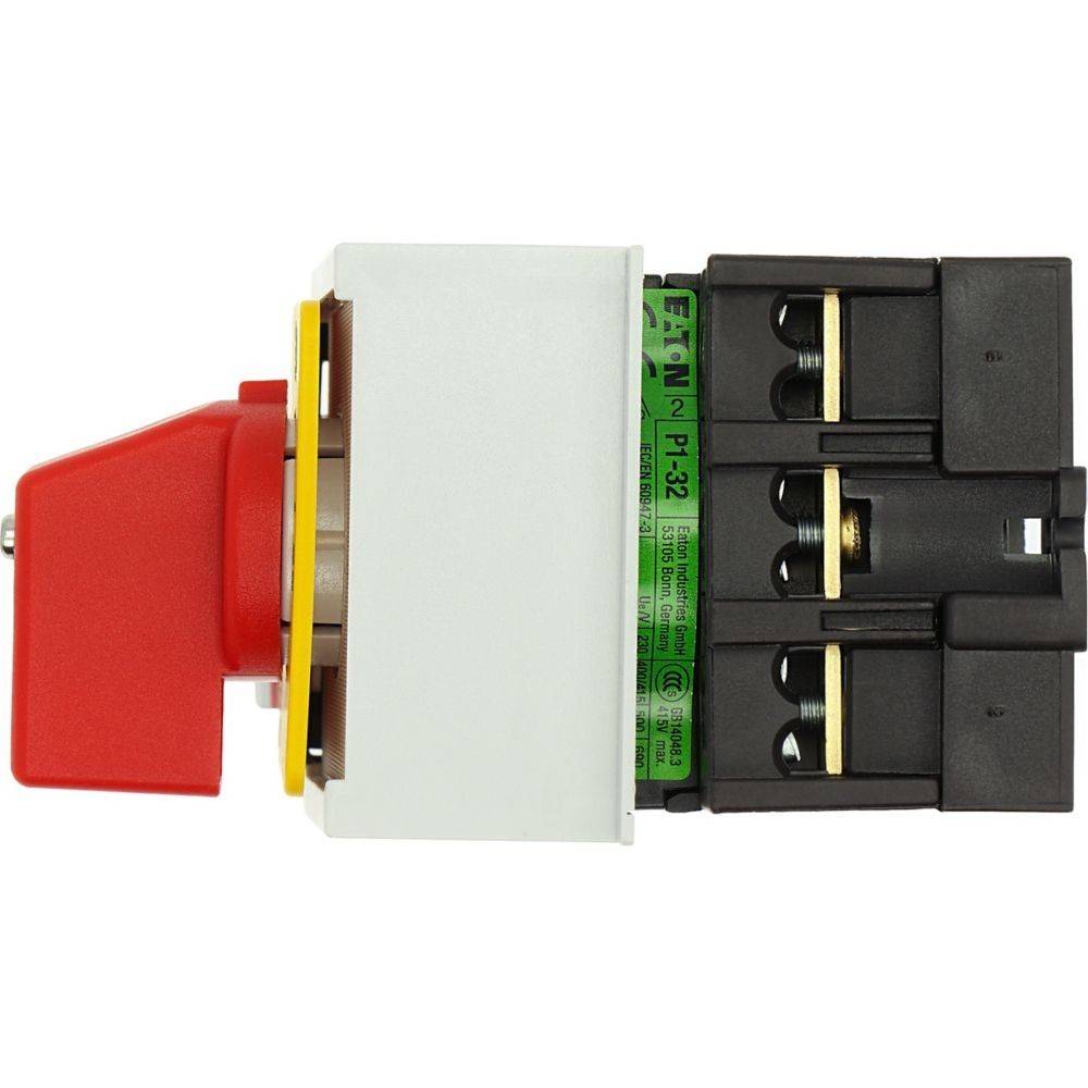 Roter und weißer Drehschalter mit schwarzer Basis, mit mehreren Anschlusspunkten und einem grünen Etikett. Verwendet für elektrische Steuerung.