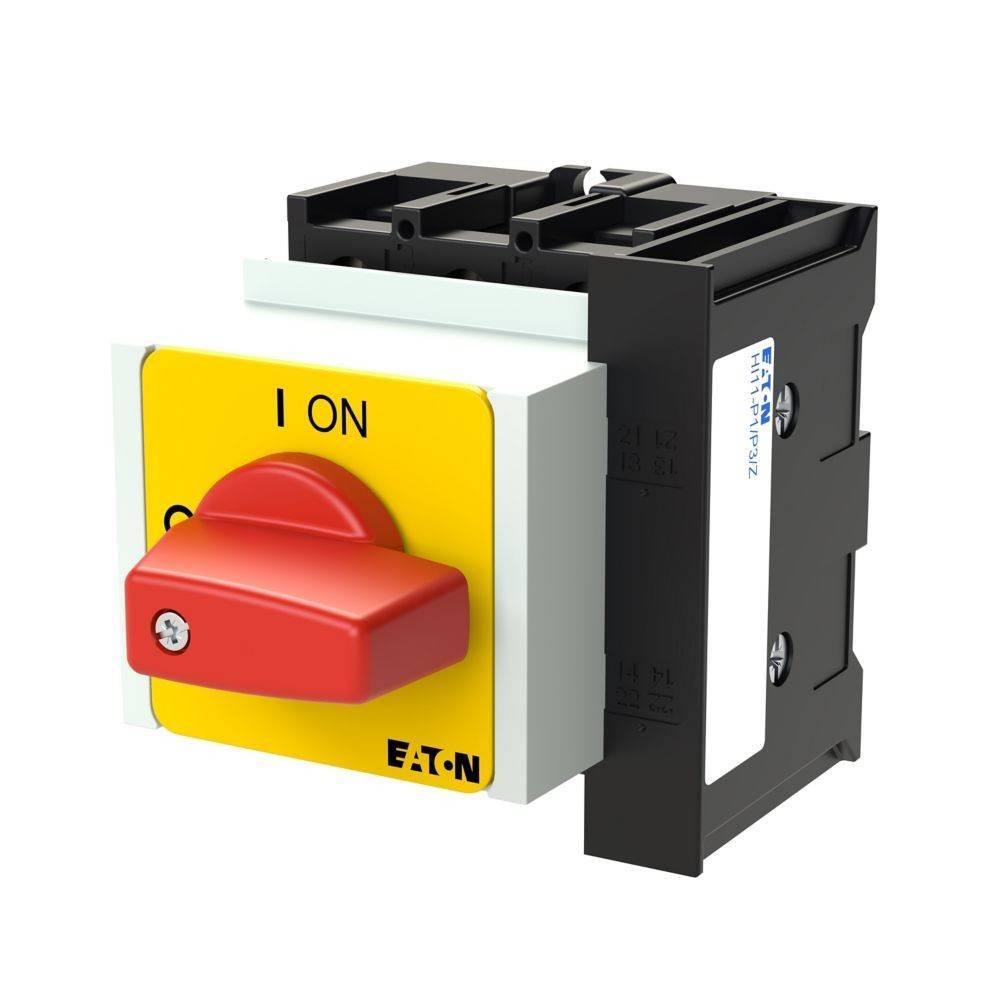Schalter im Drehschalter in der 'EIN'-Position, mit rotem Griff und gelber Frontplatte, verwendet zur Steuerung elektrischer Schaltkreise. Markenname sichtbar.