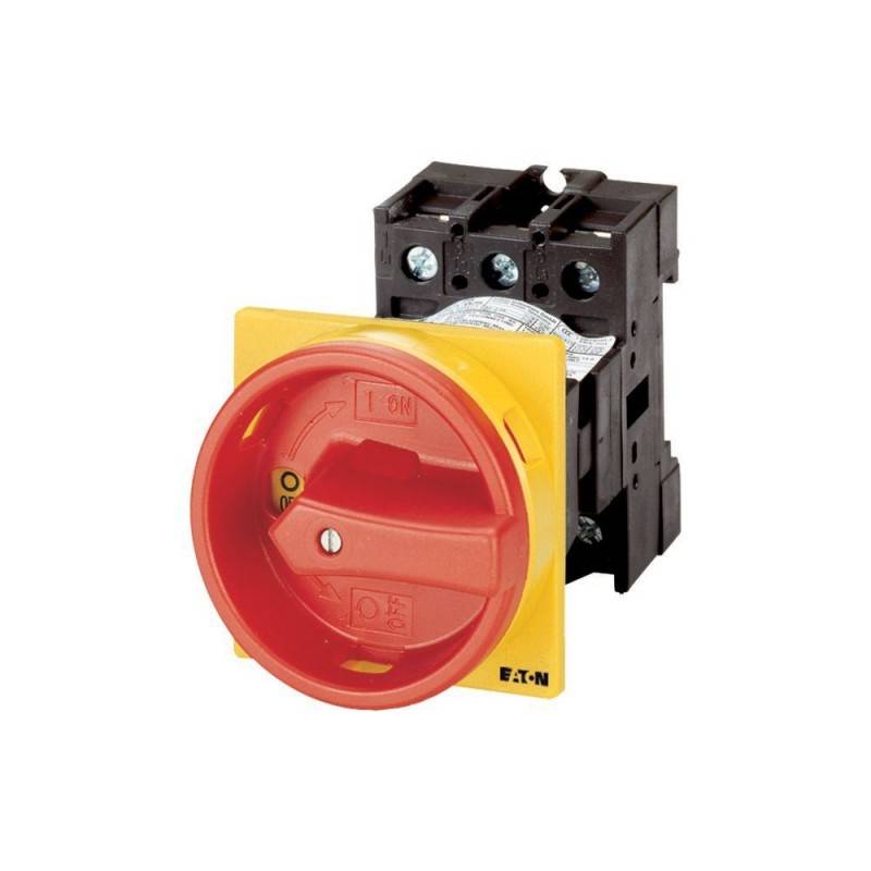 Rotary-Schalter mit rotem und gelbem Griff in der AUS-Position, hergestellt von Eaton.