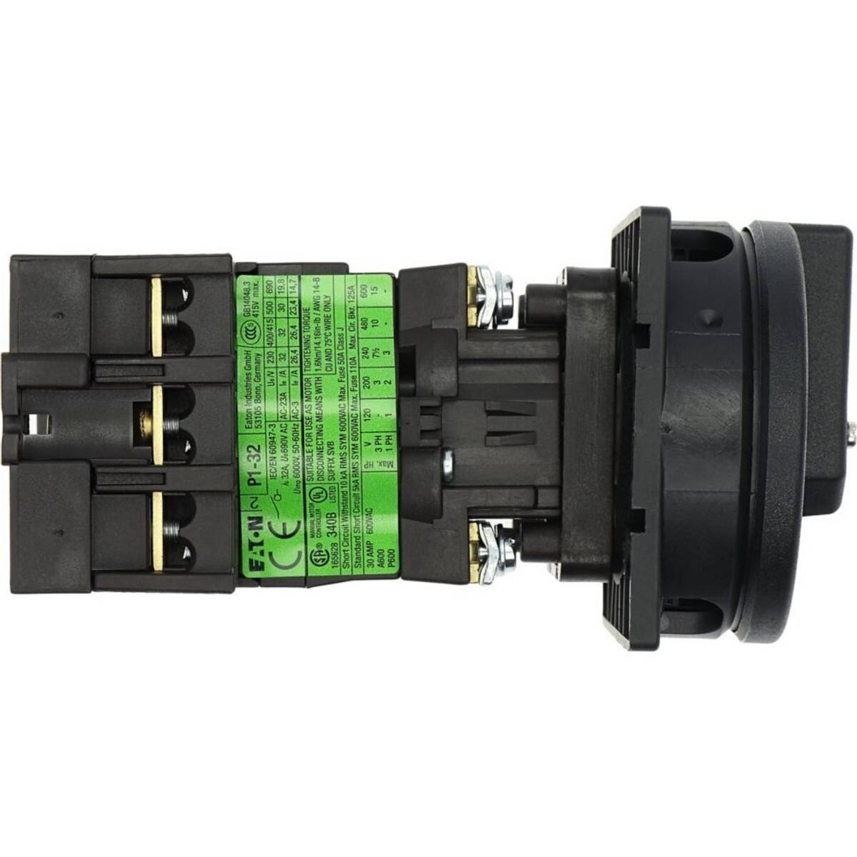 Eaton P1-32 Schalter, schwarze und grüne Komponenten, hauptsächlich elektrische Ausrüstung. Verwendet zur Schaltkreissteuerung in industriellen Umgebungen.