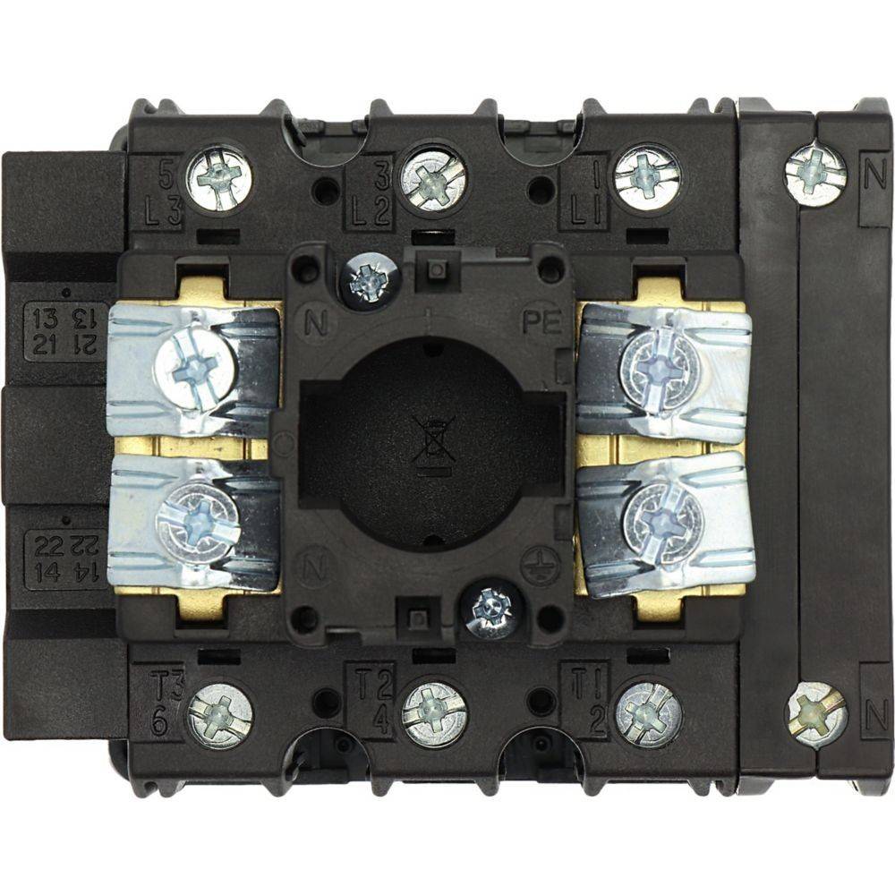 Eine Nahaufnahme eines elektrischen Kontaktors mit beschrifteten Anschlüssen und sichtbaren Metallschrauben.
