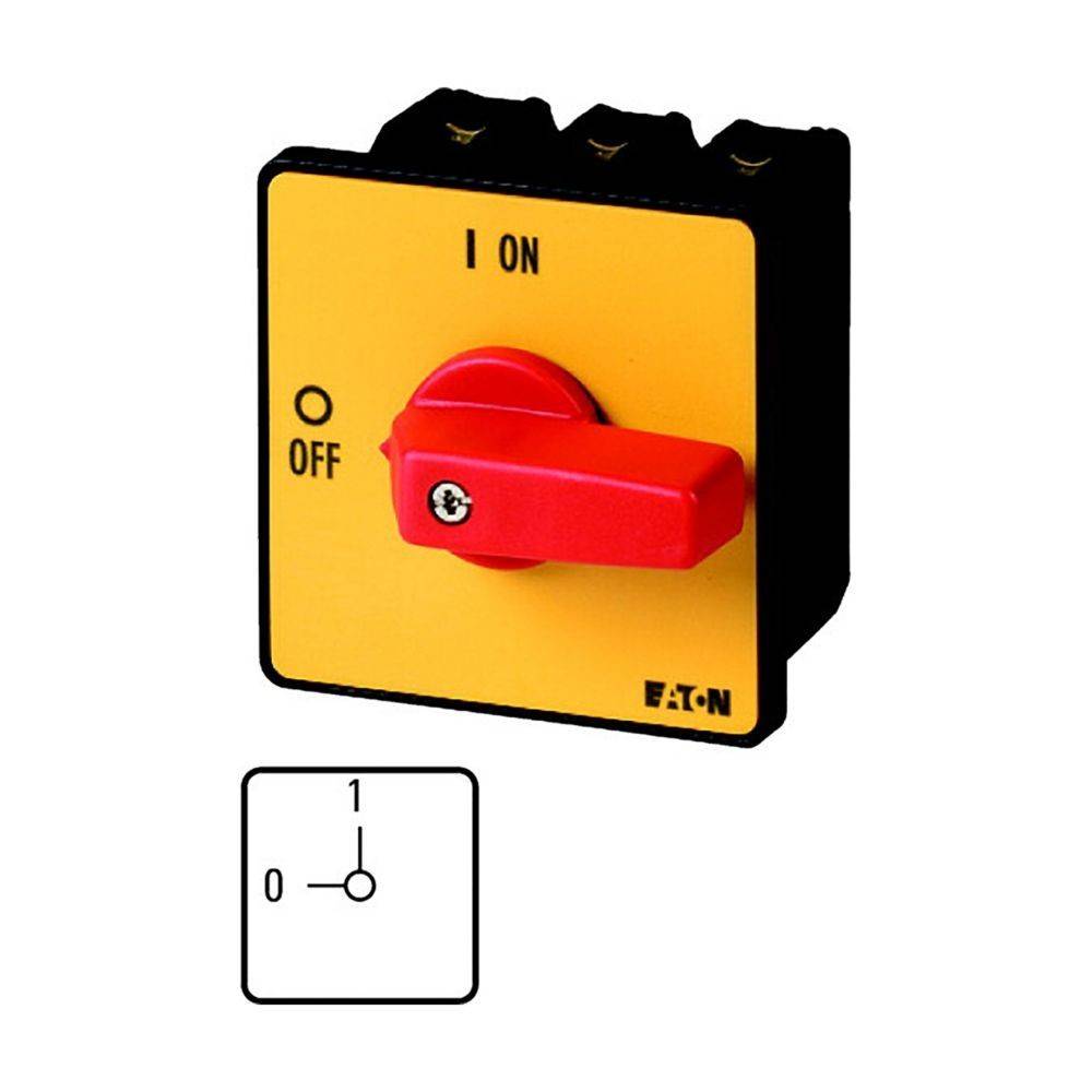 Roter Drehschalter mit 'EIN'- und 'AUS'-Positionen auf gelbem Hintergrund.