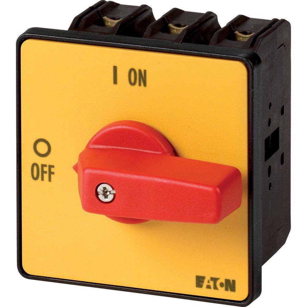 Ein quadratischer Schalter mit einem roten Hebel auf gelbem Hintergrund, mit der Markierung 'EIN' oben und 'AUS' unten. Modellname 'EATON'.