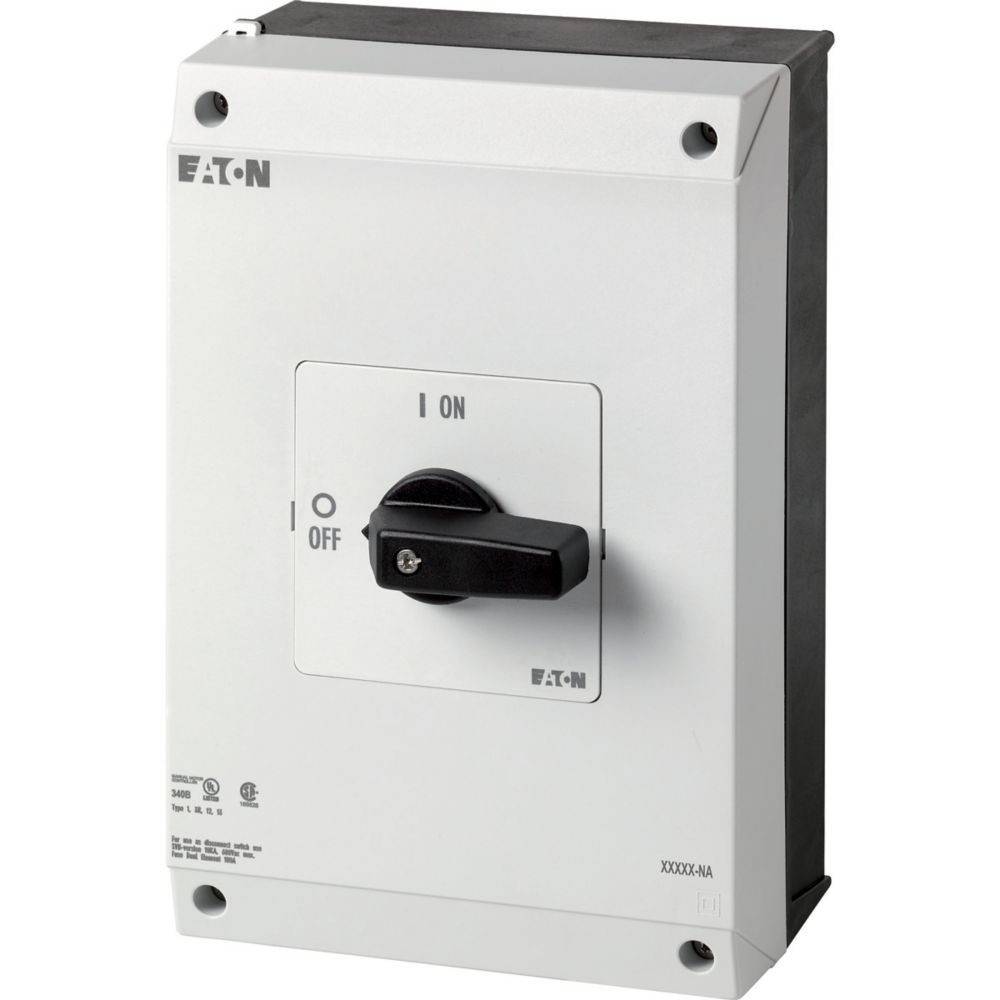 Eine rechteckige graue elektrische Schaltertafel mit einem schwarzen Hebel, der in der 'EIN'-Position positioniert ist, mit der Bezeichnung 'EATON'.