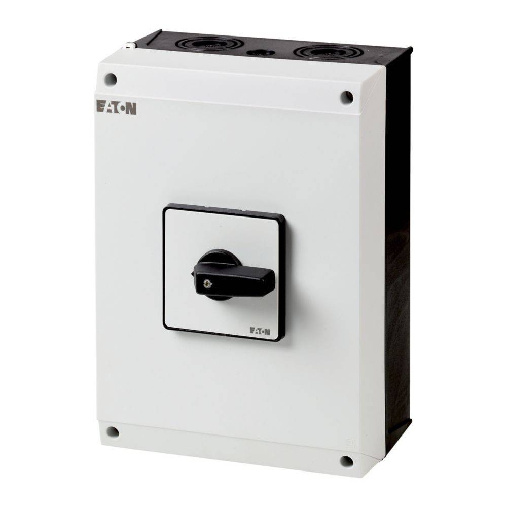 Eine weiße Eaton Elektroverteilerdose mit einem schwarzen Griff und Markenbeschriftung, die zur Unterbringung und zum Schutz von elektrischen Geräten verwendet wird.