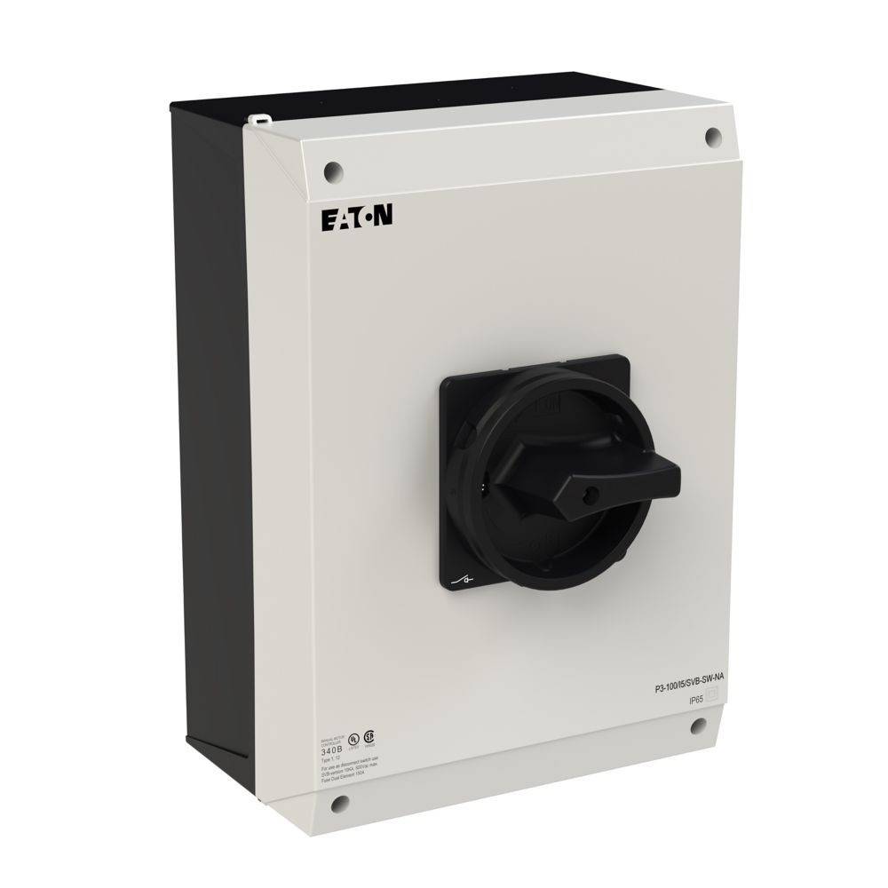 Eaton-Leistungsschalter in einem weißen rechteckigen Gehäuse mit einem schwarzen Griff zur Steuerung elektrischer Betriebsabläufe.