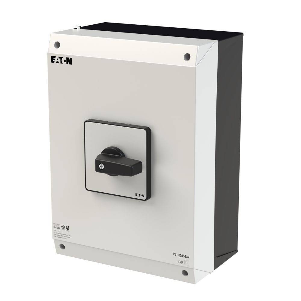 Ein weißes rechteckiges elektrisches Gehäuse mit einem schwarzen Griff, der auf der Frontplatte zentriert ist, mit der Beschriftung 'Eaton', das zur Unterbringung von Schaltungskomponenten verwendet wird.