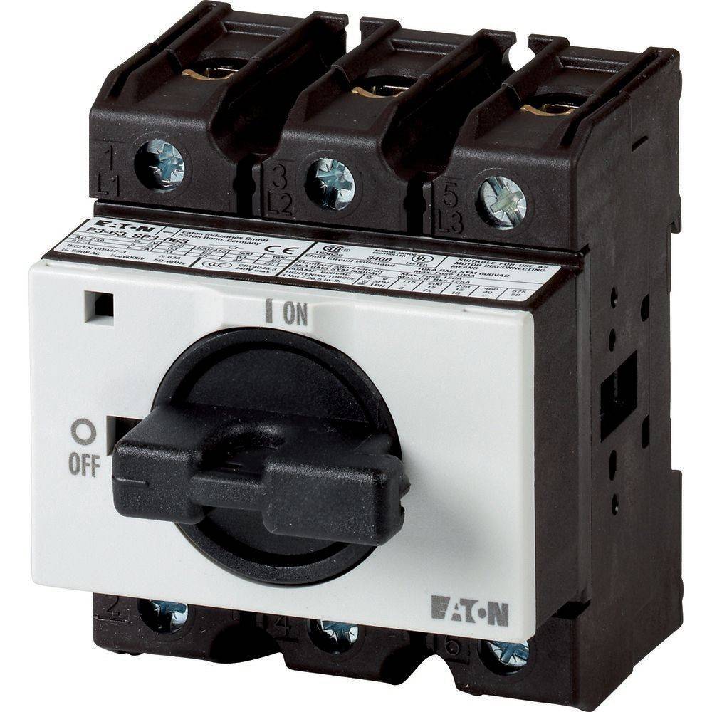 Ein schwarzer elektrischer Schalter mit weißer Blende, beschriftet mit 'EIN' und 'AUS' mit einem Drehknopf in der Mitte. Die Marke lautet 'EATON'.