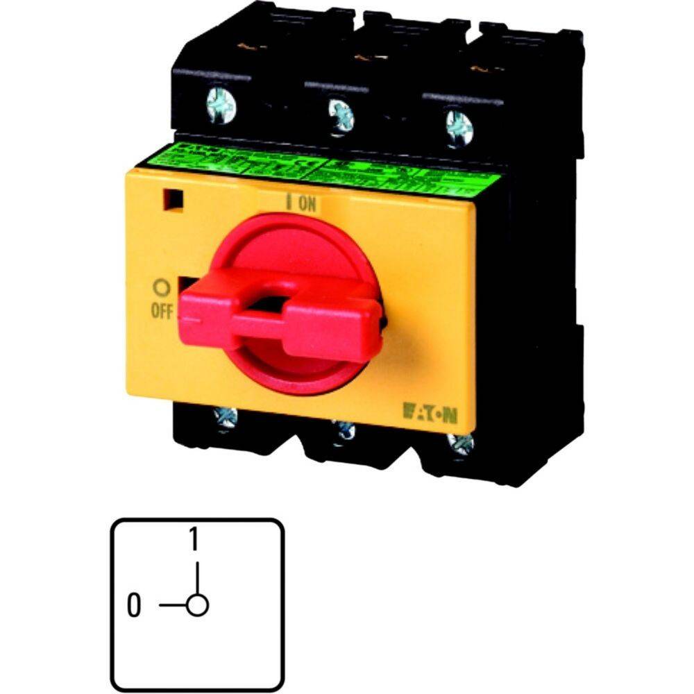 Drehschalter mit rotem Griff, der die 'Ein'-Position anzeigt; nachstehendes Schaltbild zeigt das Betriebsdiagramm des Schalters.