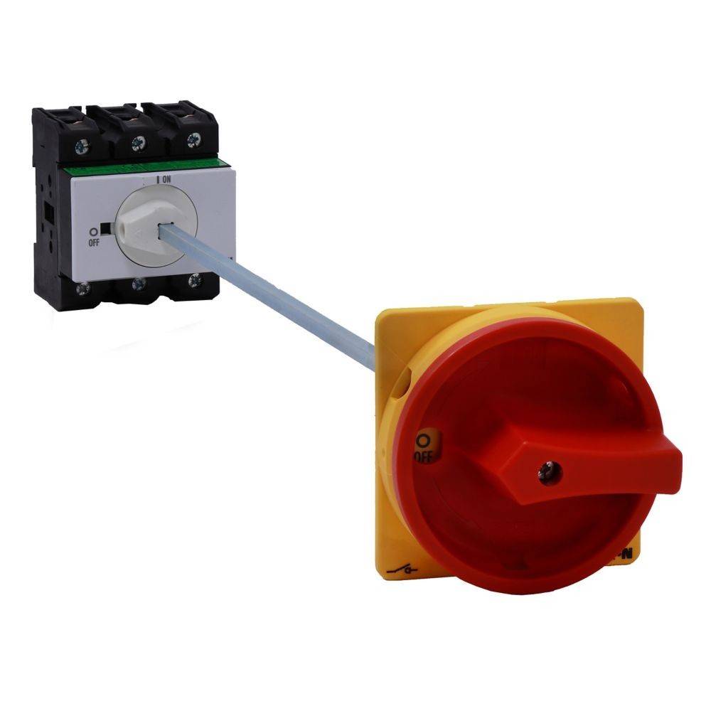 Elektrischer Sicherheitsschalter mit rotem Drehgriff und gelbem Sockel rechts; gekennzeichnet mit EIN- und AUS-Positionen.