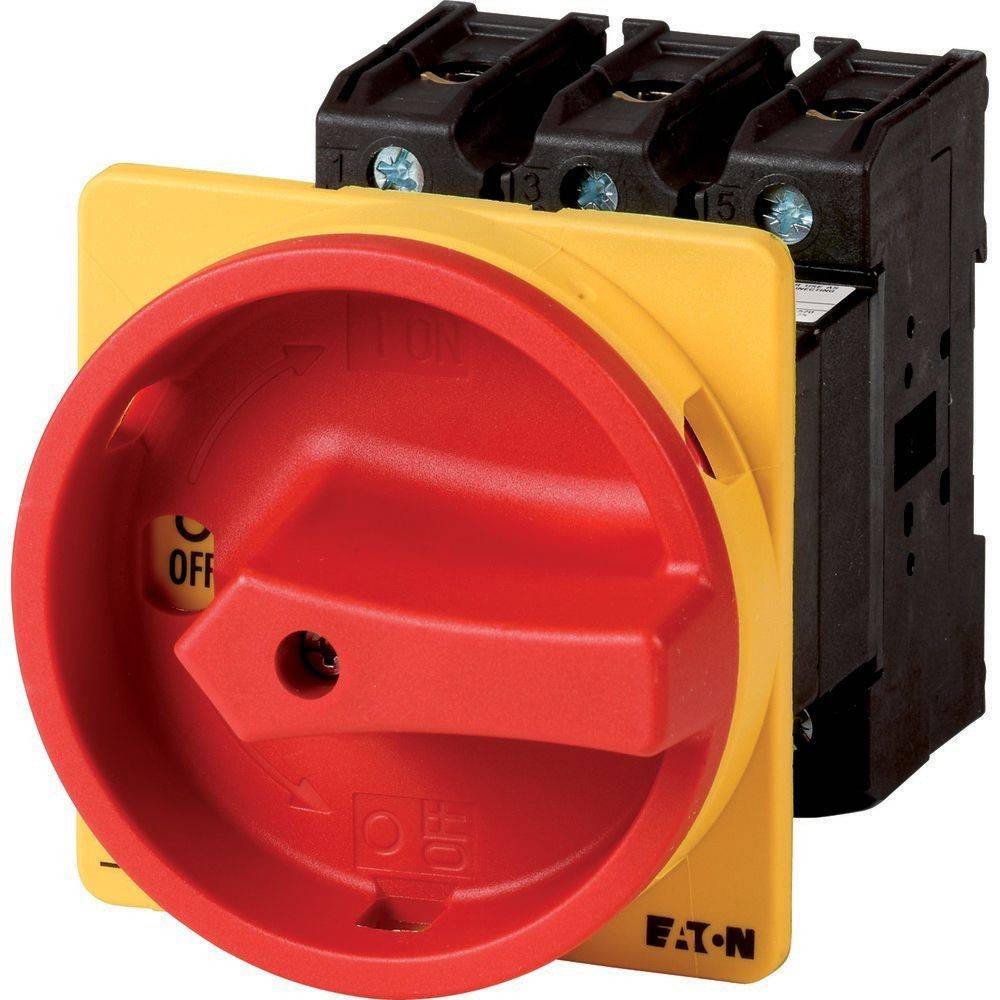 Eaton-Marken-Elektroschalter mit gelber Basis und rotem Drehgriff, der die Positionen 