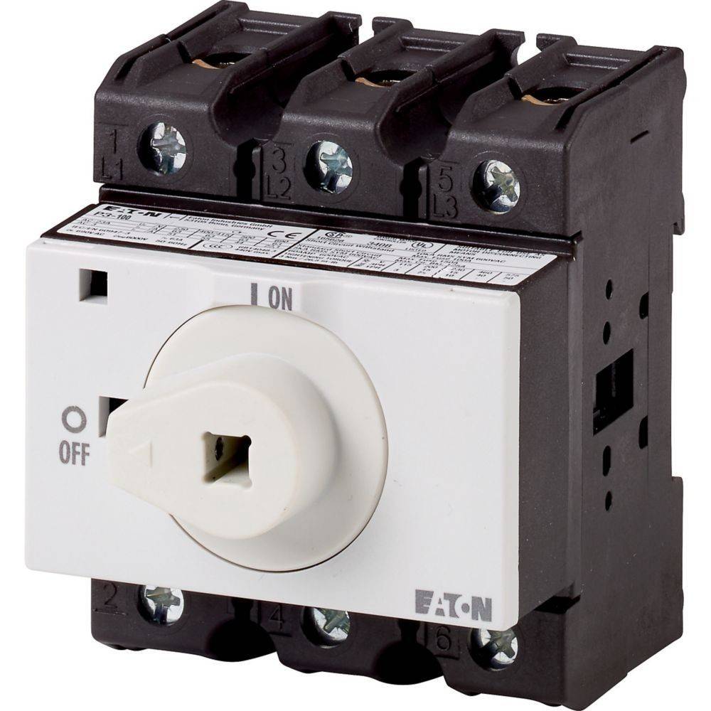 Ein dreiphasiger Elektrischer Schalter mit Positionen, die mit '0 AUS' und '1 EIN' gekennzeichnet sind, mit drei Anschlussklemmen an der Oberseite.