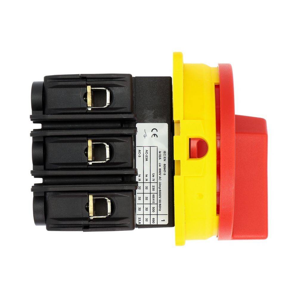 Ein rot-gelber Drehschalter mit schwarzen elektrischen Anschlüssen an der Seite, der zum Steuern von elektrischen Schaltkreisen verwendet wird, mit einer Beschriftung, die Spezifikationen anzeigt.