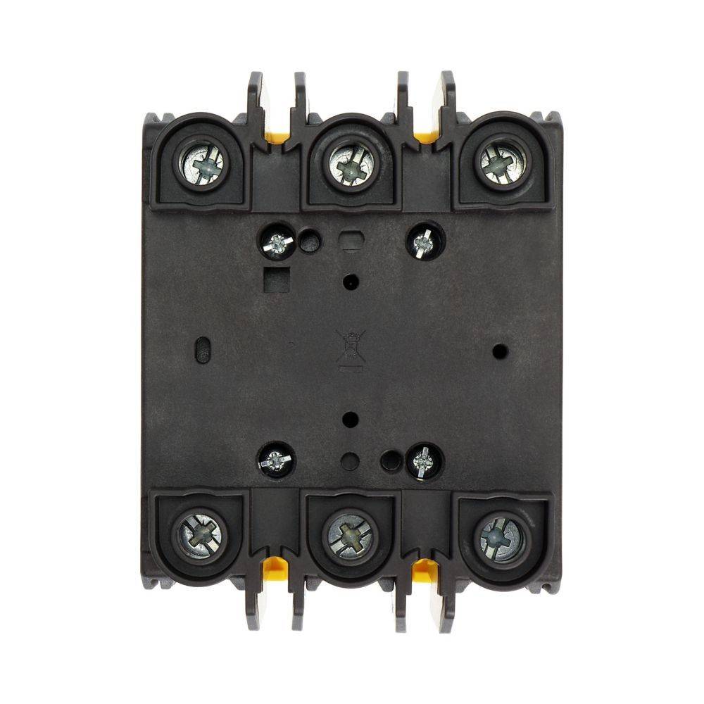 Das Bild zeigt ein schwarzes elektrisches Gerät mit sechs kreisförmigen Schlitzen, die jeweils mit Schrauben gesichert sind, möglicherweise ein Anschlussblock für Kabelverbindungen.