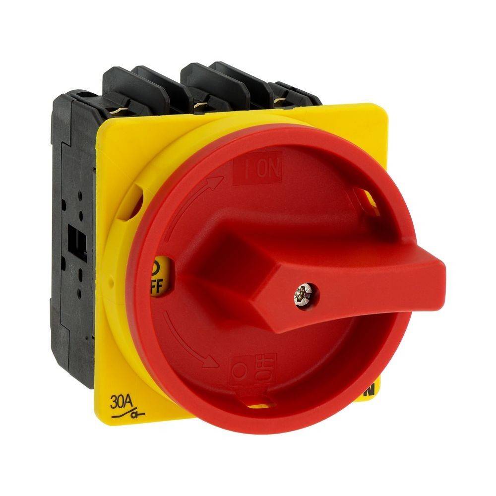 30A Isolatorschalter' mit einem roten Drehschalter auf gelbem Sockel, beschriftet mit 'EIN' und 'AUS', verwendet zum Unterbrechen elektrischer Stromkreise.