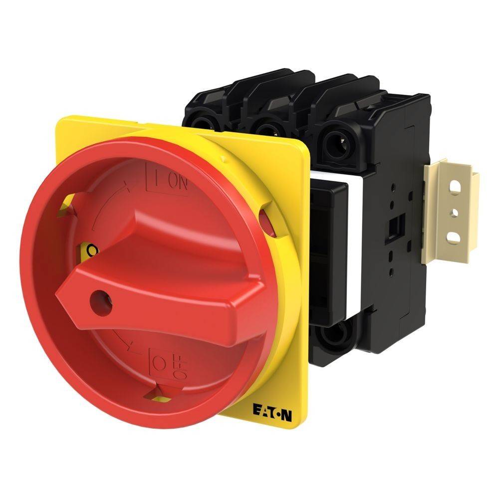 Roter und gelber Eaton-Elektroschalter mit Drehgriff, für industrielle Umgebungen konzipiert, auf weißem Hintergrund isoliert.