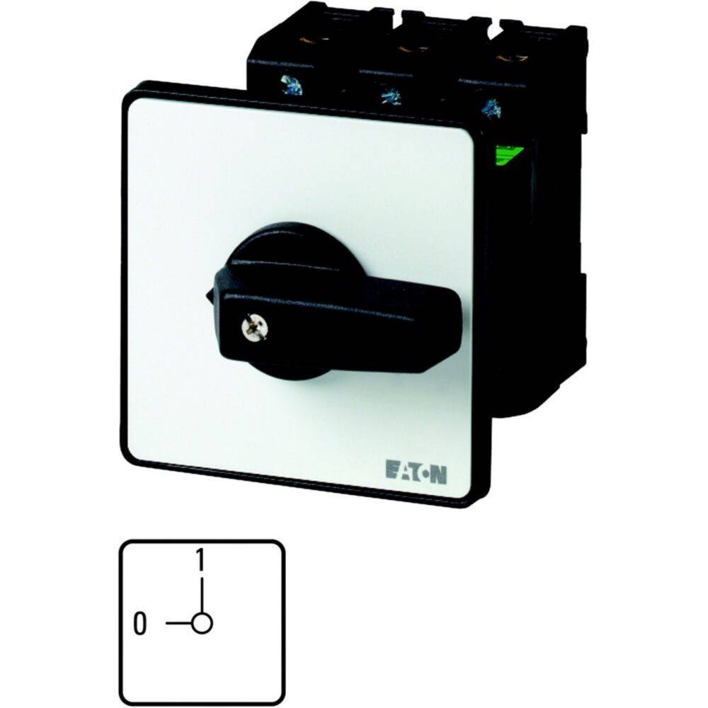 Eaton-Drehschalter, ein schwarzer Hebel auf einer weißen quadratischen Platte mit markierten Positionen '0' für Aus und '1' für Ein.