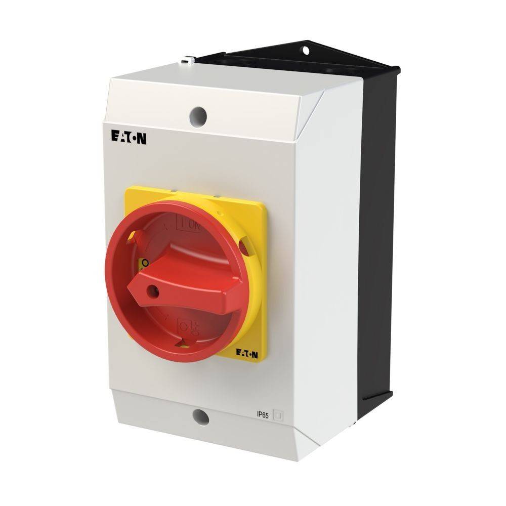 Ein weiß-schwarzer elektrischer Schalter mit einem großen roten und gelben Drehknopf, beschriftet mit 'Eaton IP65', zur Verwendung in robuster industrieller Steuerungstechnik.