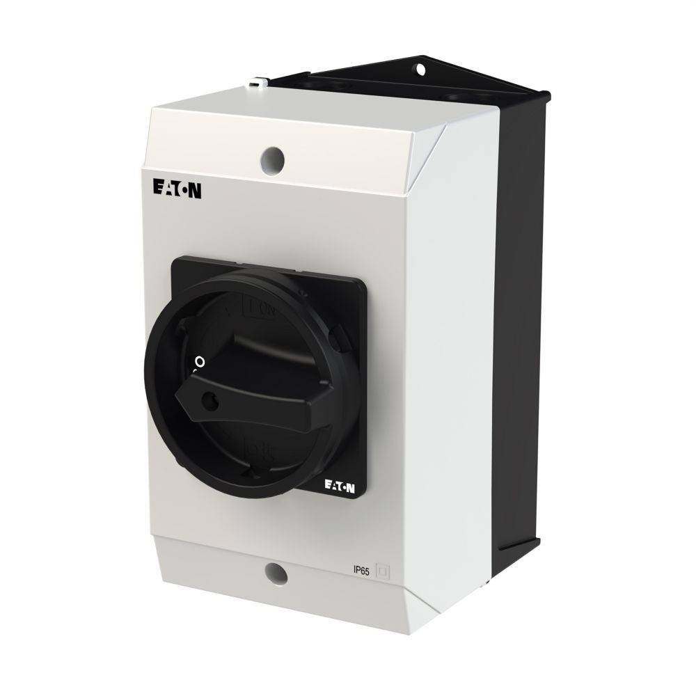 Eine weiße und schwarze elektrische Schaltanlagenbox mit einem großen runden Griff und einem 'EATON' Logo. Sie ist für den industriellen Einsatz konzipiert und verfügt über die Schutzart IP65.