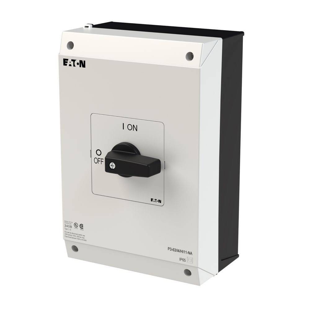 Schalter in ON-Position mit EATON-Markenname auf weißem Panel, mit schwarzem Kippschalter.