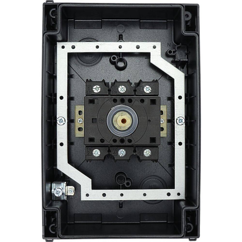 Eine schwarze rechteckige elektrische Komponente mit Schrauben und einem kreisförmigen zentralen Mechanismus, montiert in einer Metallhalterung.