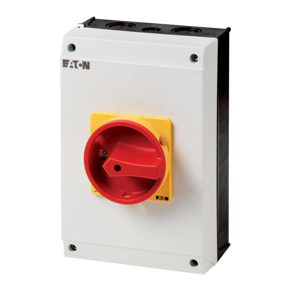 Eine weiße und schwarze elektrische Schalterdose mit einem prominenten roten Drehschalter, vorne mit dem Aufdruck ‚EATON' versehen.