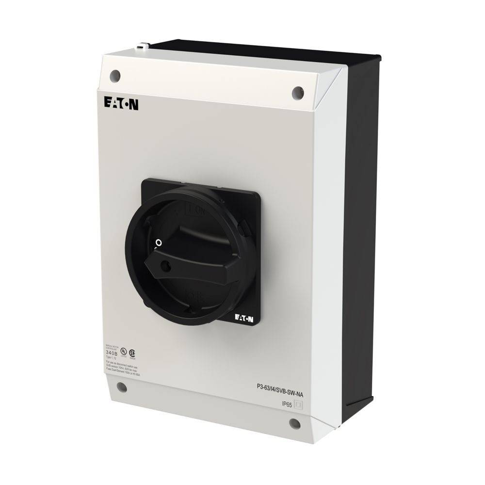 Ein Eaton-Trennschalter mit einem schwarzen Hebel auf einem grauen Panel, verwendet zur Stromabschaltung oder Steuerung in elektrischen Systemen.