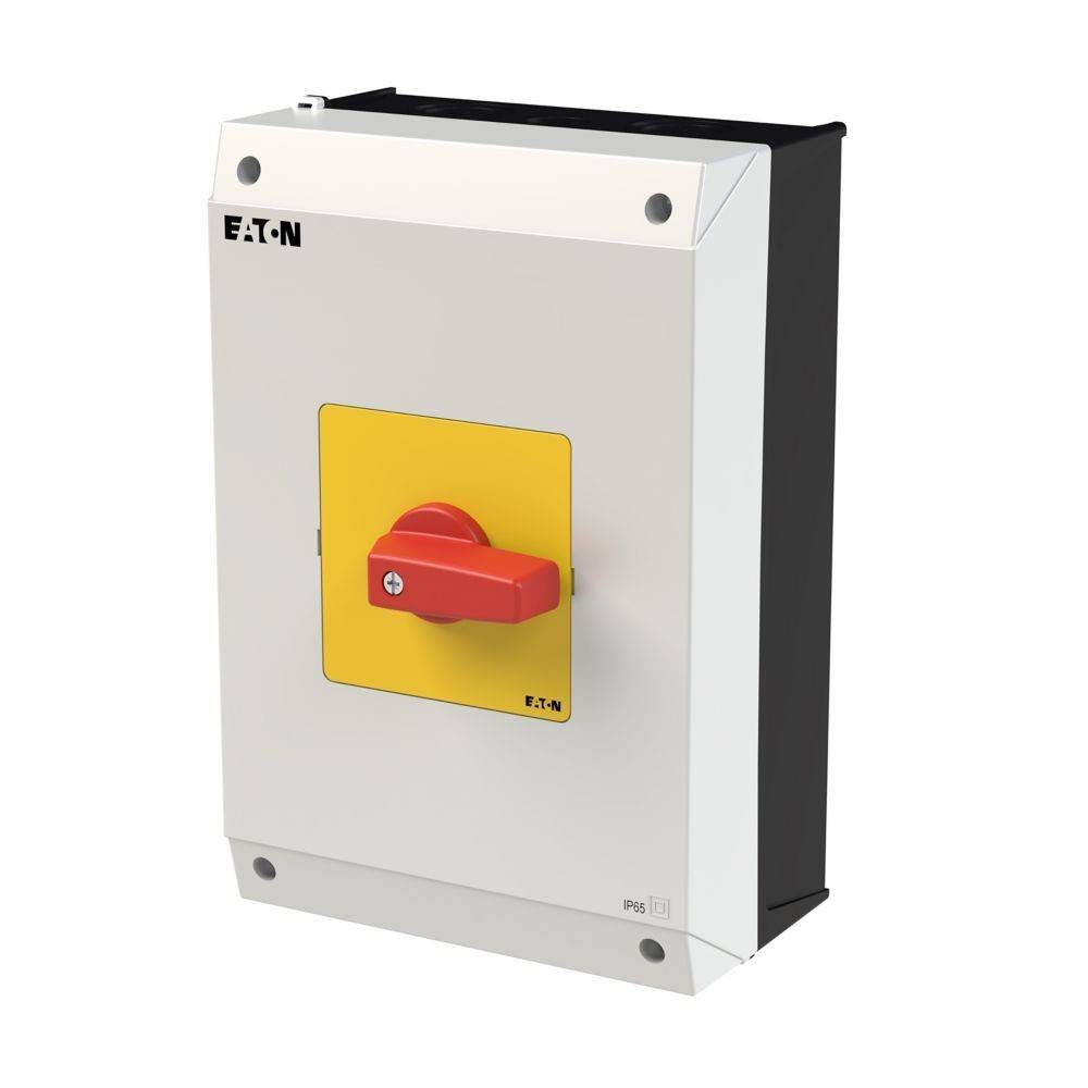 Eine beige Eaton Elektro-Schalterdose mit einem auffälligen roten und gelben Schalter in der Mitte.
