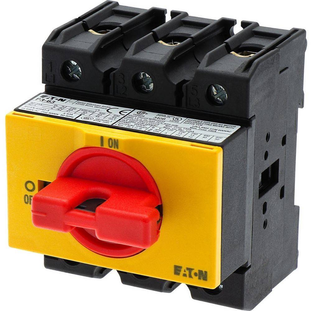 Eaton-Leistungsschalter mit einem roten Hebel. Der Schalter verfügt über beschriftete Positionen für EIN und AUS.