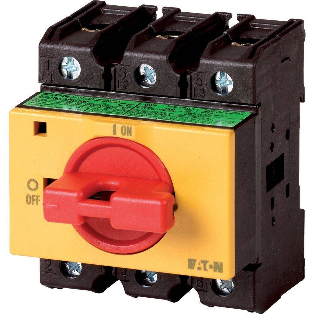 Drehschalter mit rotem Griff, beschriftet mit I EIN und O AUS, verwendet zur Steuerung elektrischer Schaltkreise.