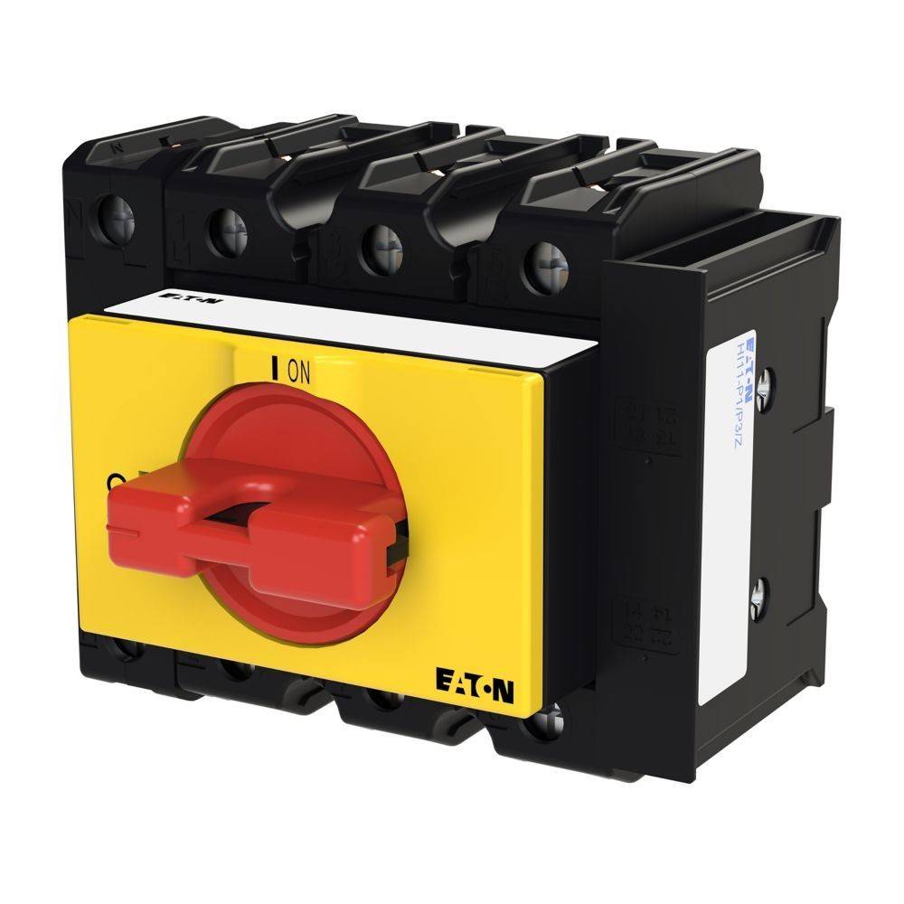 Gelber und roter Eaton-Schalter mit Anzeige für EIN- und AUS-Positionen, verwendet zur Steuerung elektrischer Schaltkreise, mit robuster Konstruktion.