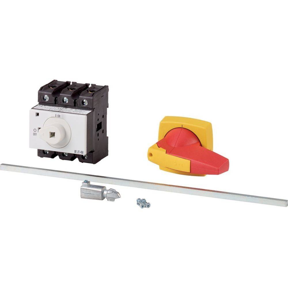 Elektrische Schaltereinheit mit schwarzer Grundplatte, gelbem und rotem Drehschalter-Griff und Verbindungsschiene mit Schrauben zur Montage.