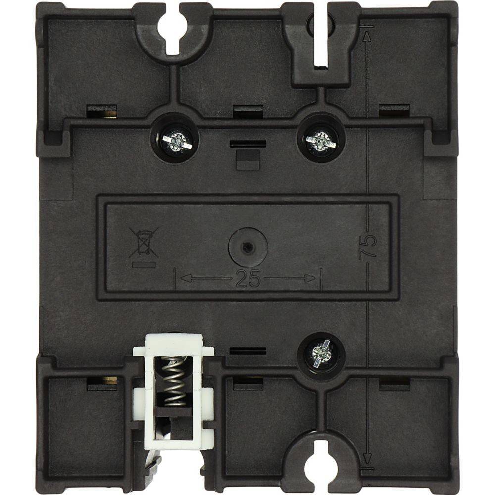 Eine schwarze elektrische Komponente mit mehreren Schrauböffnungen, einschließlich markierter Maßangaben für die Installation. Ein sichtbarer Federmechanismus befindet sich am unteren Ende.