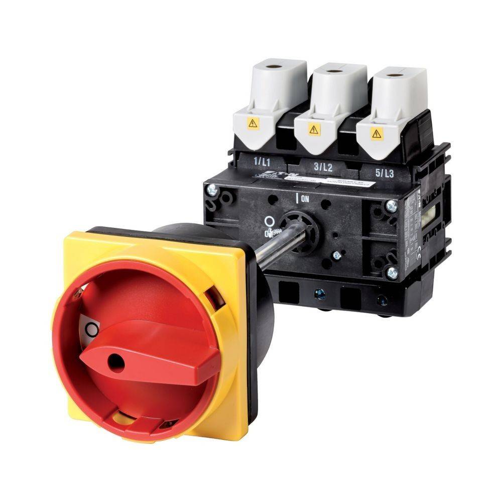 Rotary-Schalter mit rotem und gelbem Griff, verwendet für industrielle Stromsteuerung, zeigt Position 'Ein' mit drei beschrifteten Anschlüssen.
